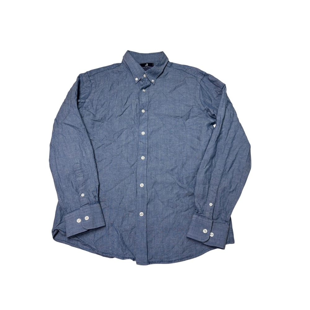 Wool & Prince Mens Blue Wool Linen Regular Fit Button Down Shirt Large